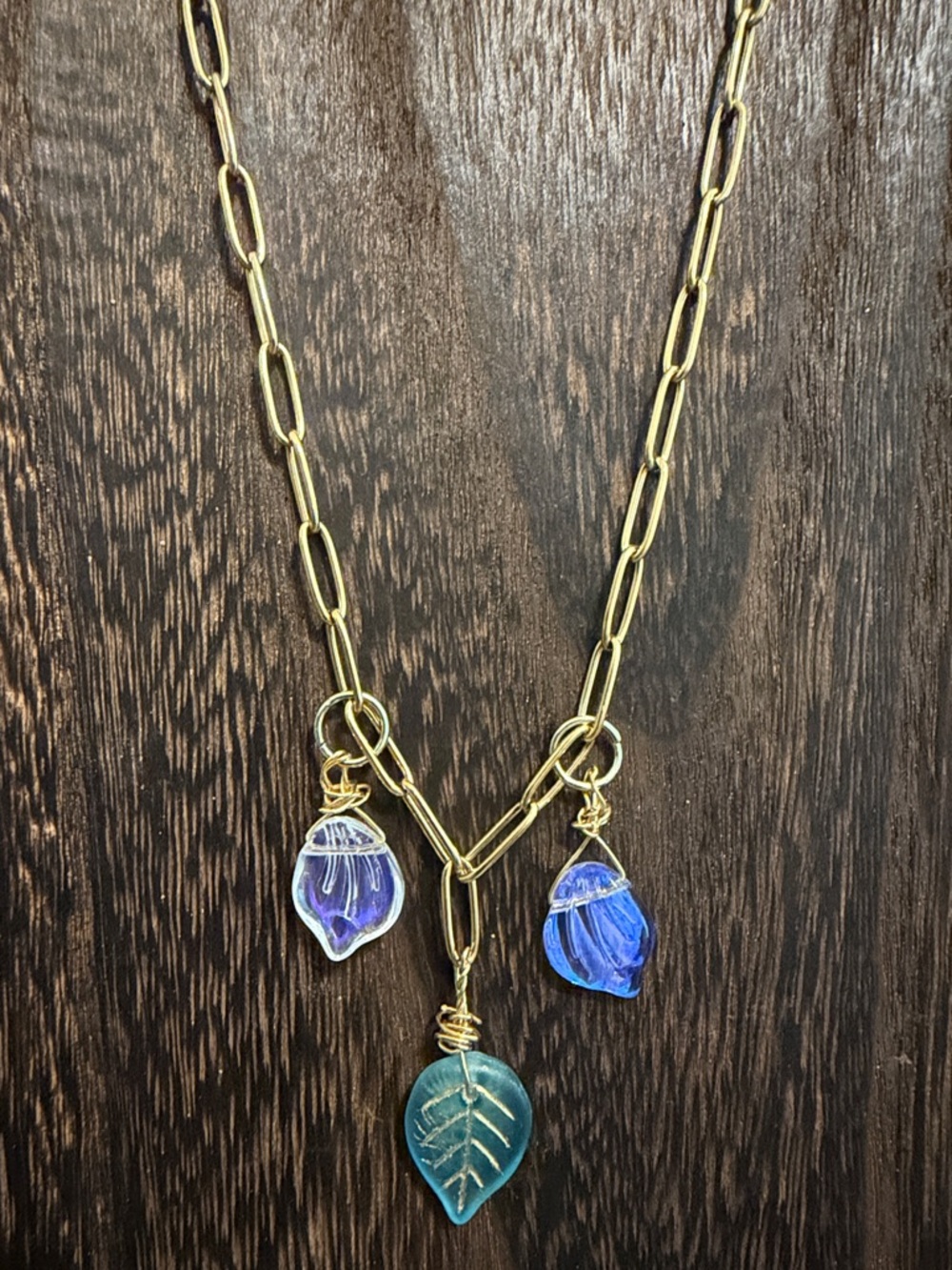 Gold Chain Necklace with Blue and Teal Leaf Charms